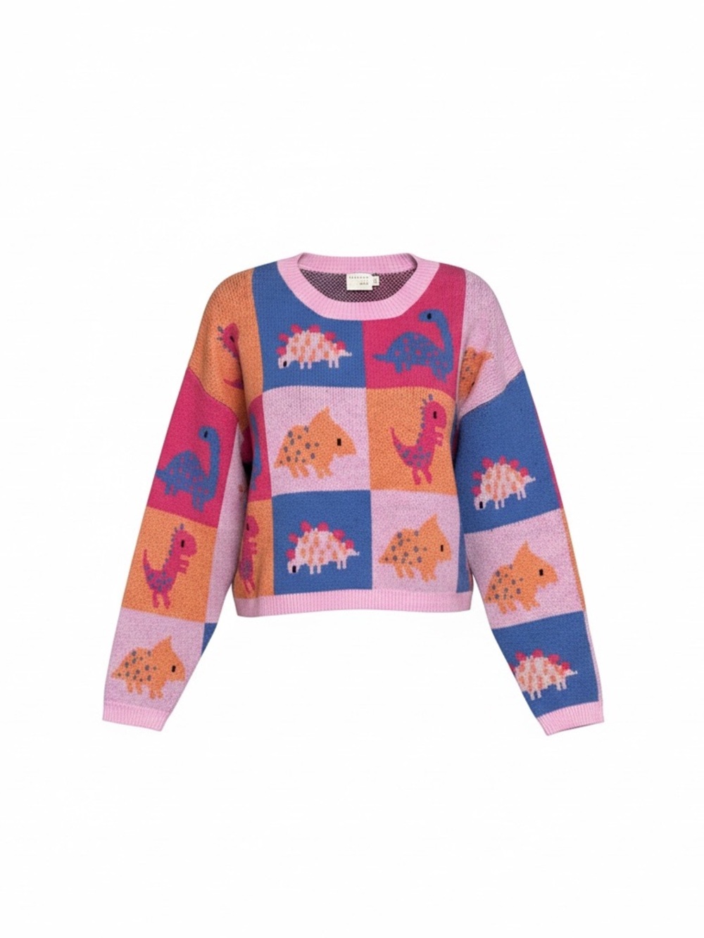 Dreamers Pink & Blue Multicolor Dinosaur Block Crew Sweater